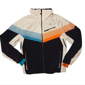KJUS Systems Men's Ski Jacket Stormhood Snow Skirt Pockets Size 52 L Orange Blue